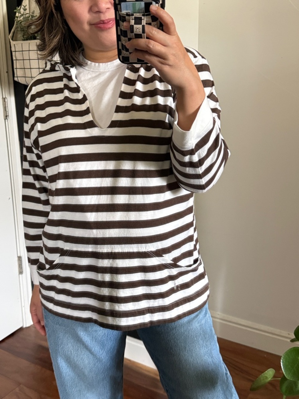 Chicos Pima Cotton Striped Hooded Top. Size L